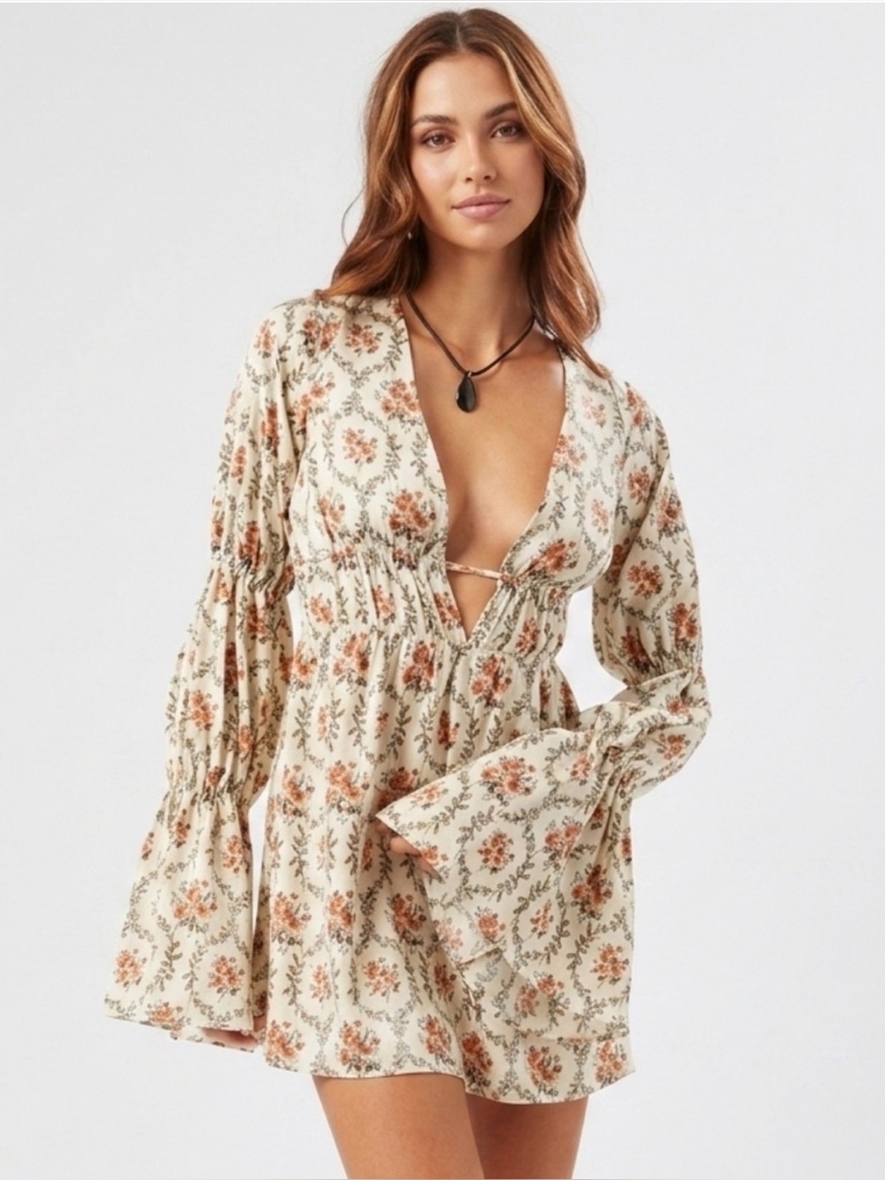 WEWOREWHAT Tiered Sleeve Tie Back Victorian Floral Cottagecore Mini Dress S